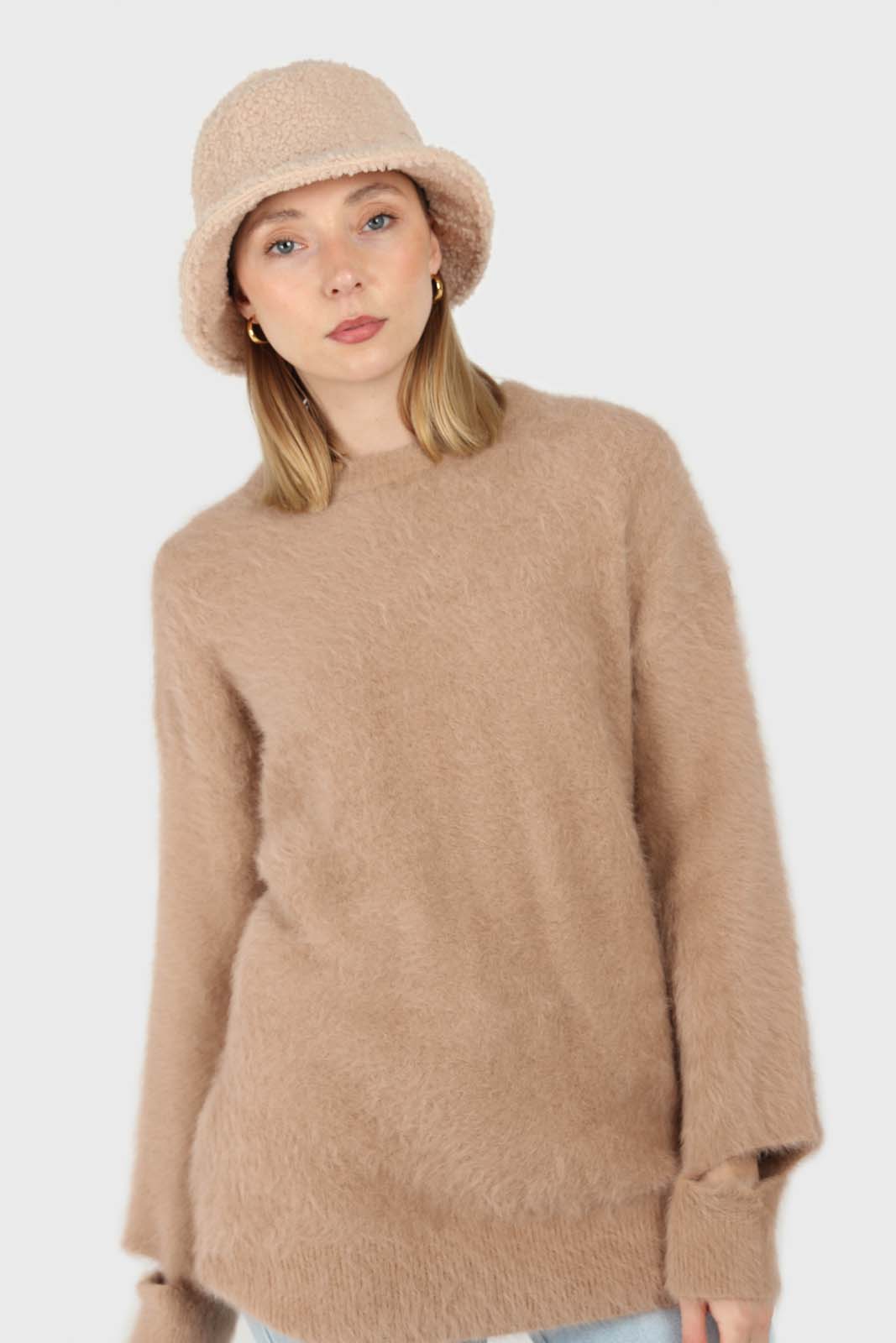 Beige furry angora slit sleeve jumper