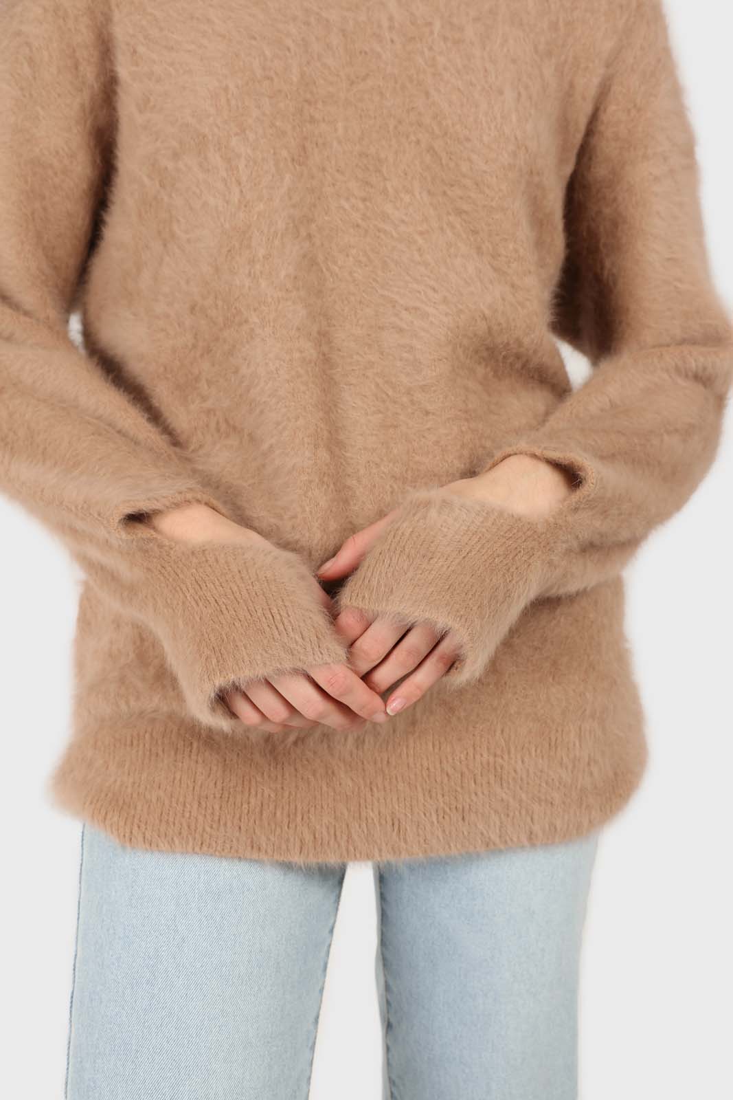 Beige furry angora slit sleeve jumper
