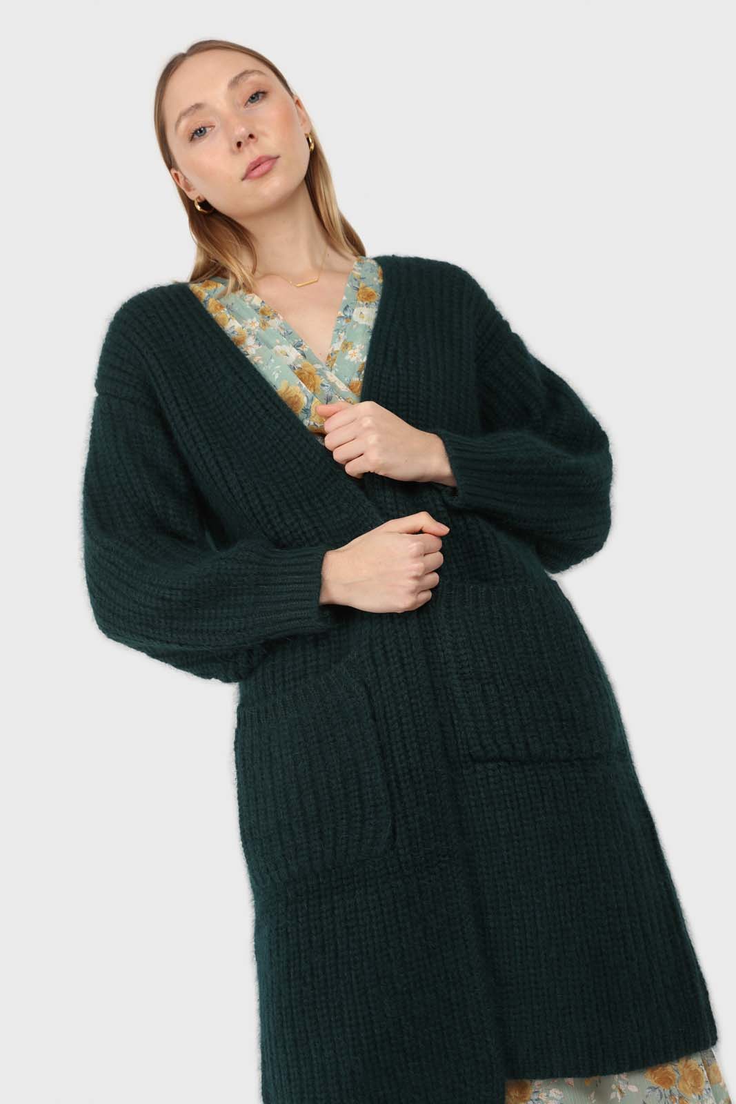 Deep green ribbed angora long cardigan