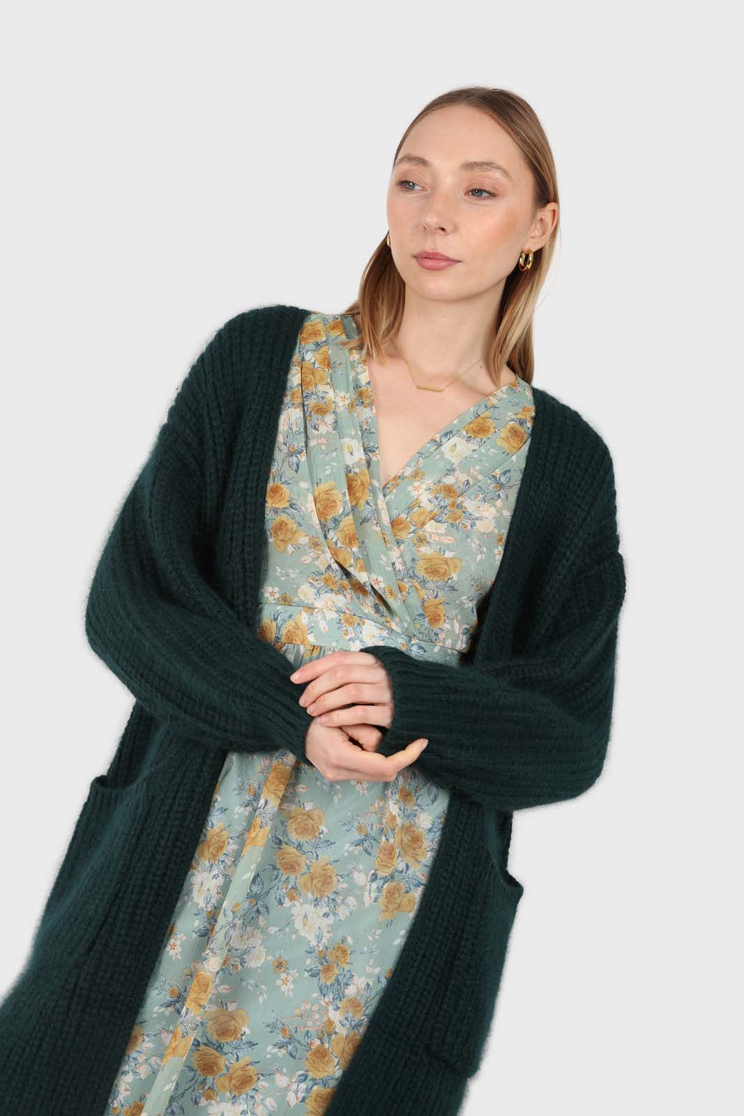 Deep green ribbed angora long cardigan