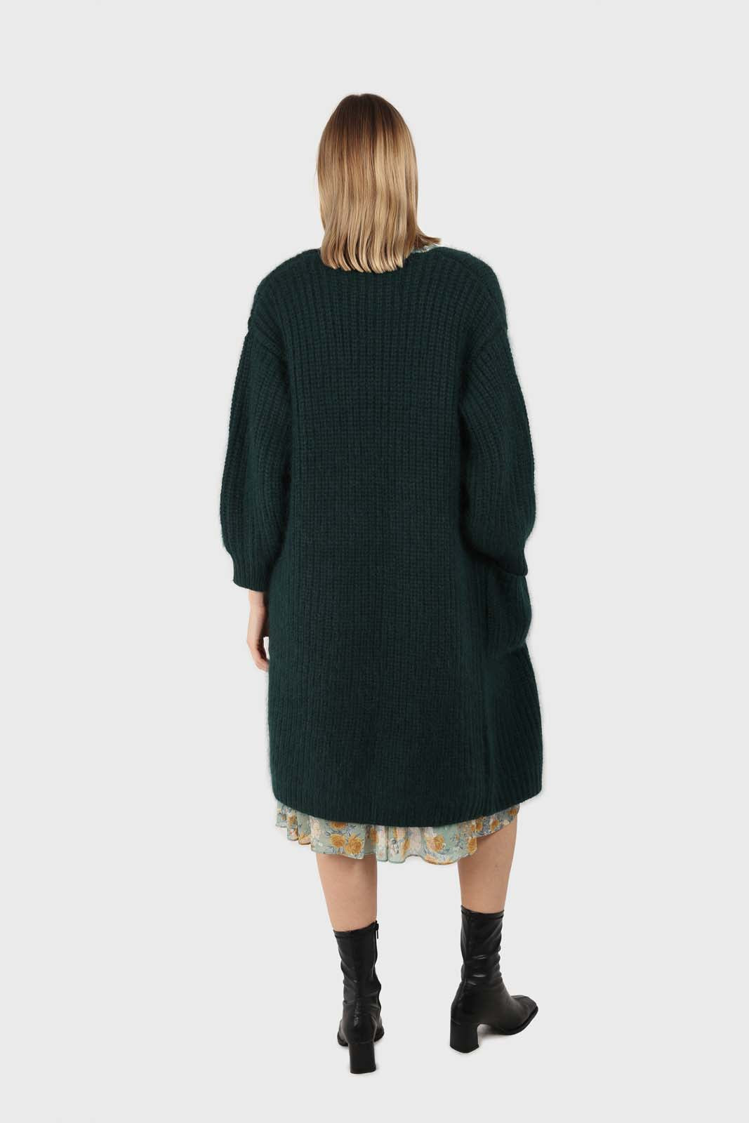 Deep green ribbed angora long cardigan