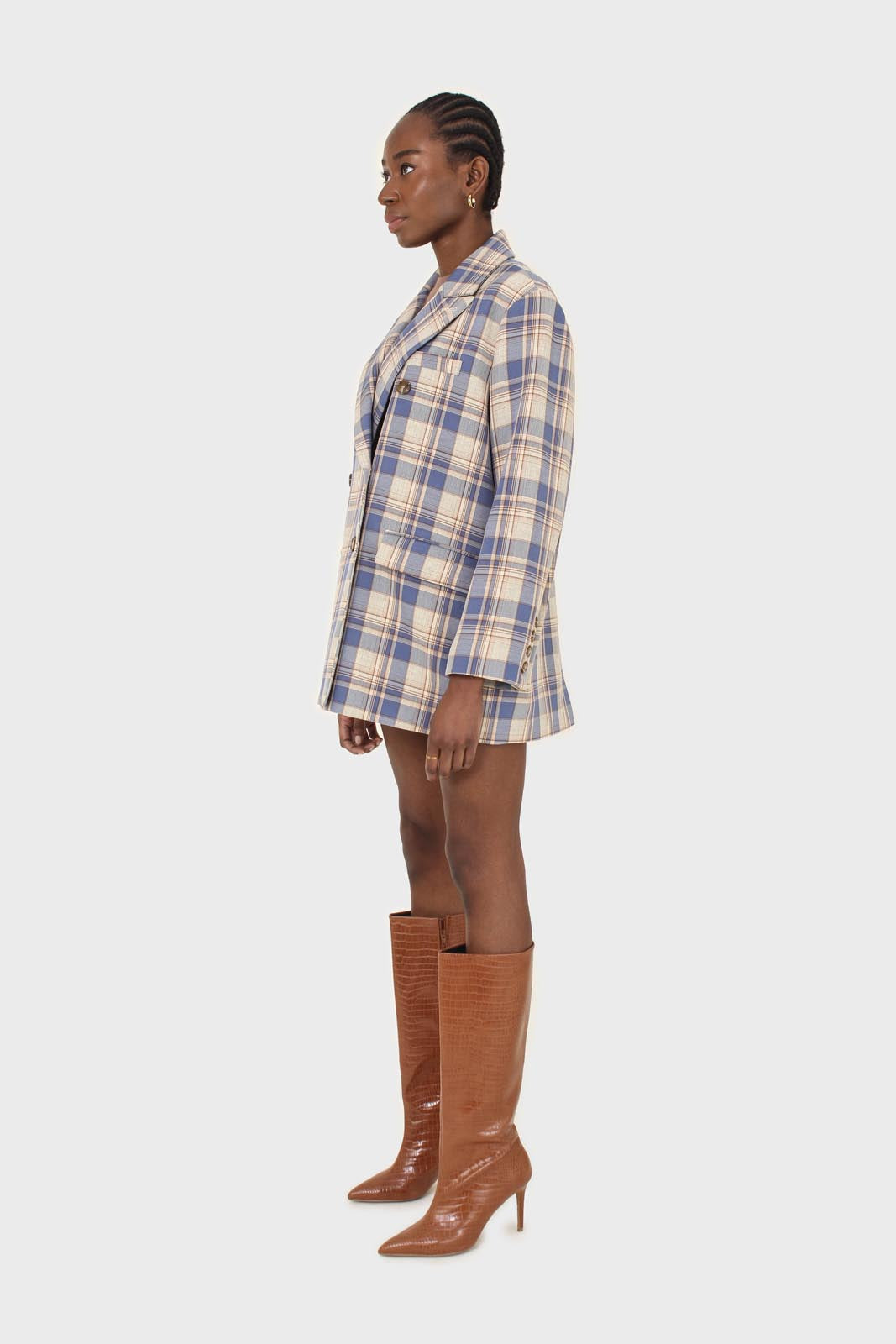 Blue and yellow checked oversized blazer