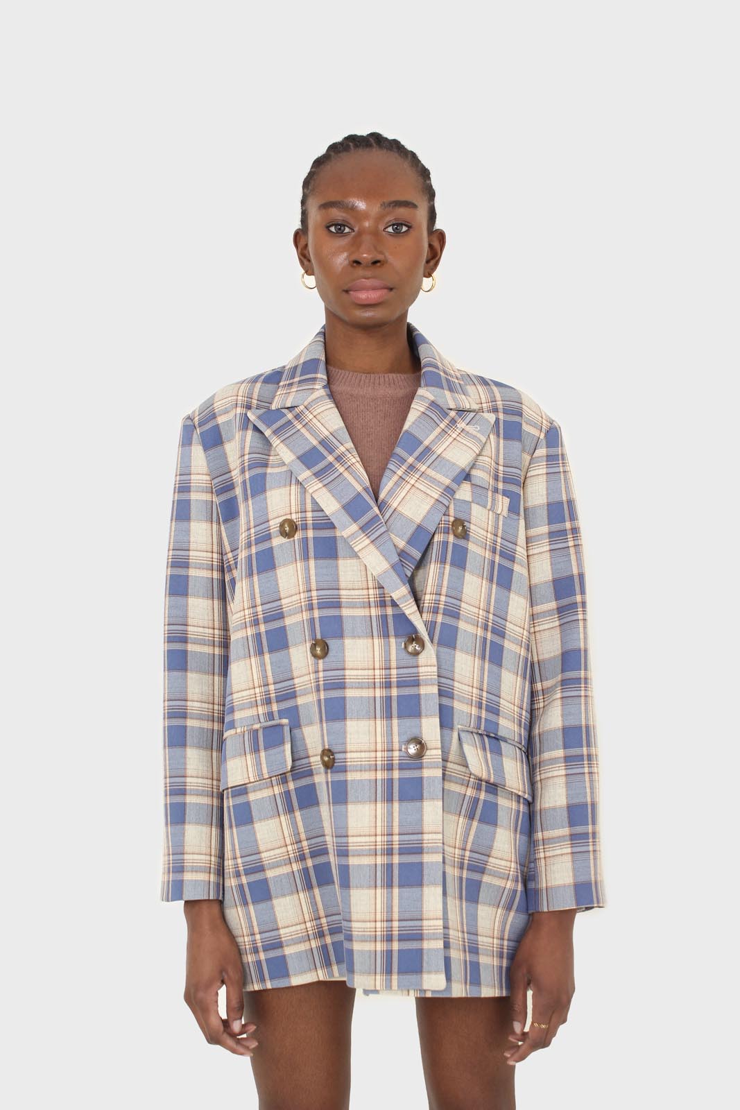 Blue and yellow checked oversized blazer