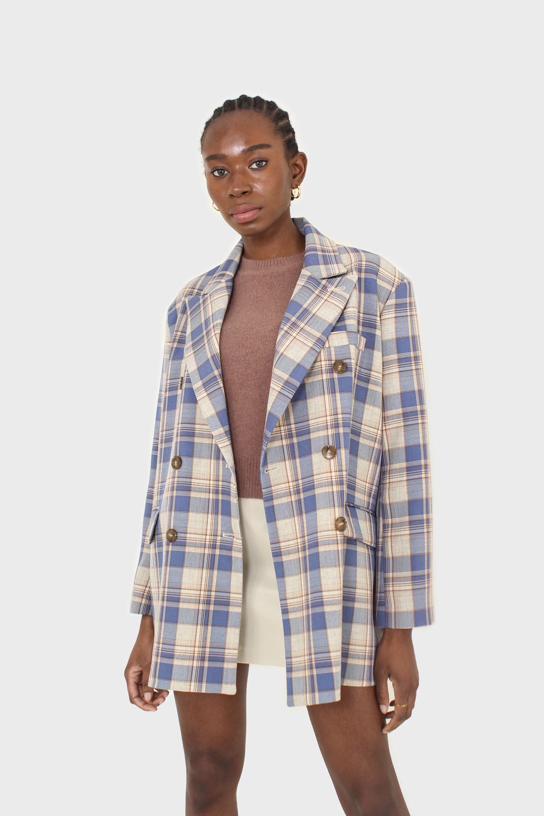 Blue and yellow checked oversized blazer