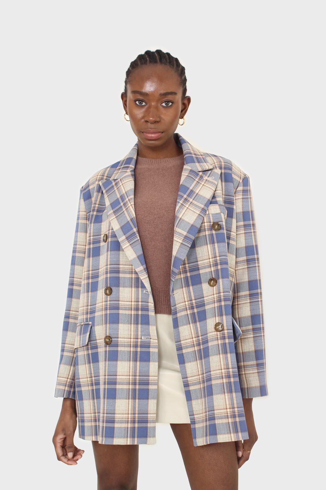 Blue and yellow checked oversized blazer