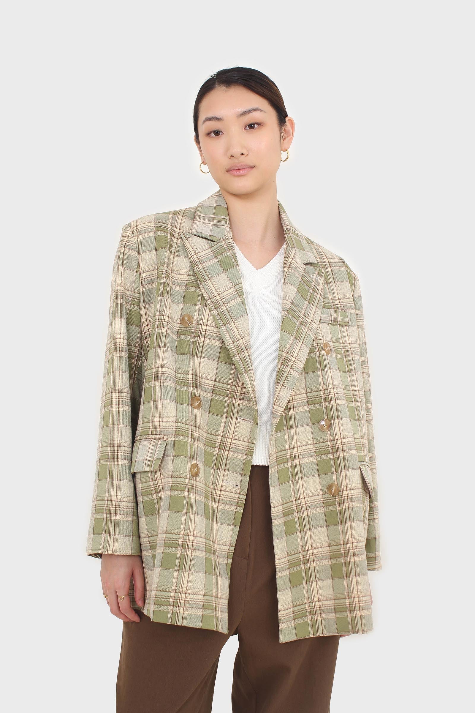 Green and yellow checked oversized blazer