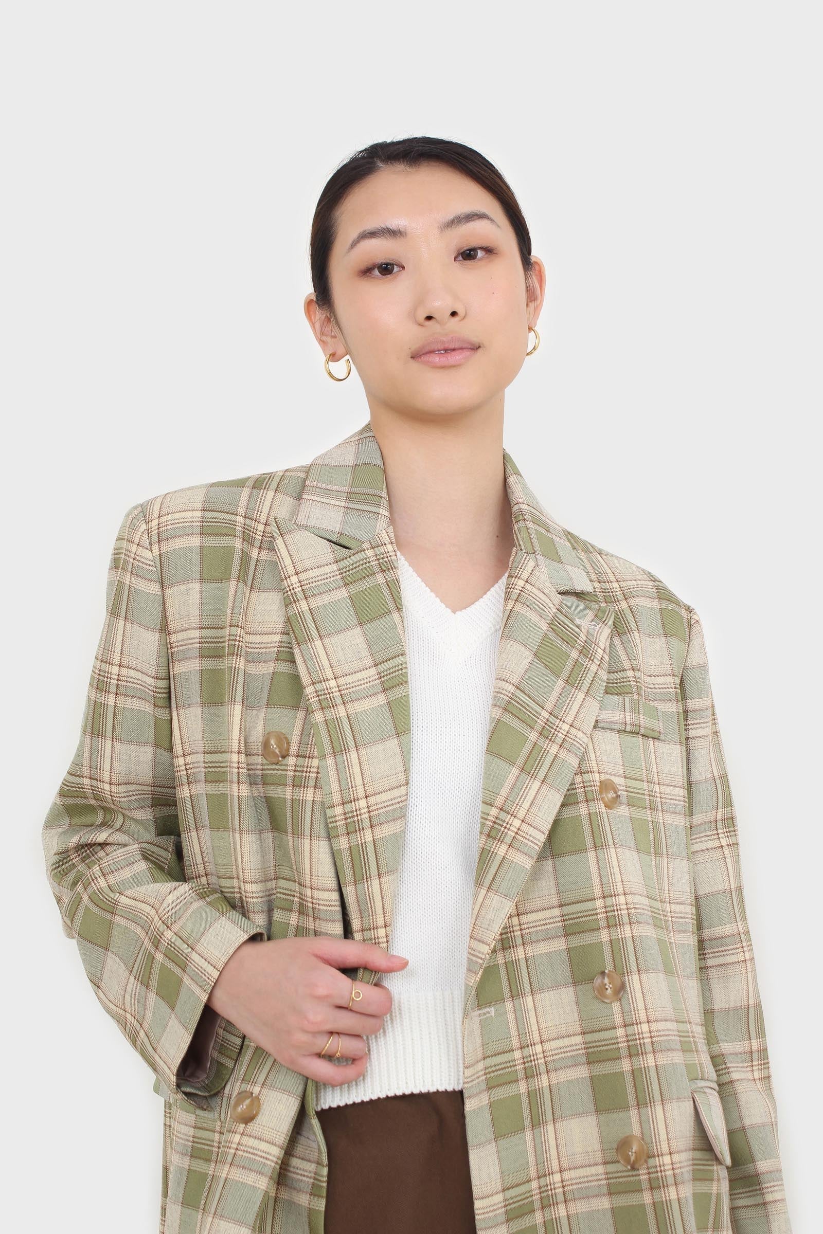 Green and yellow checked oversized blazer