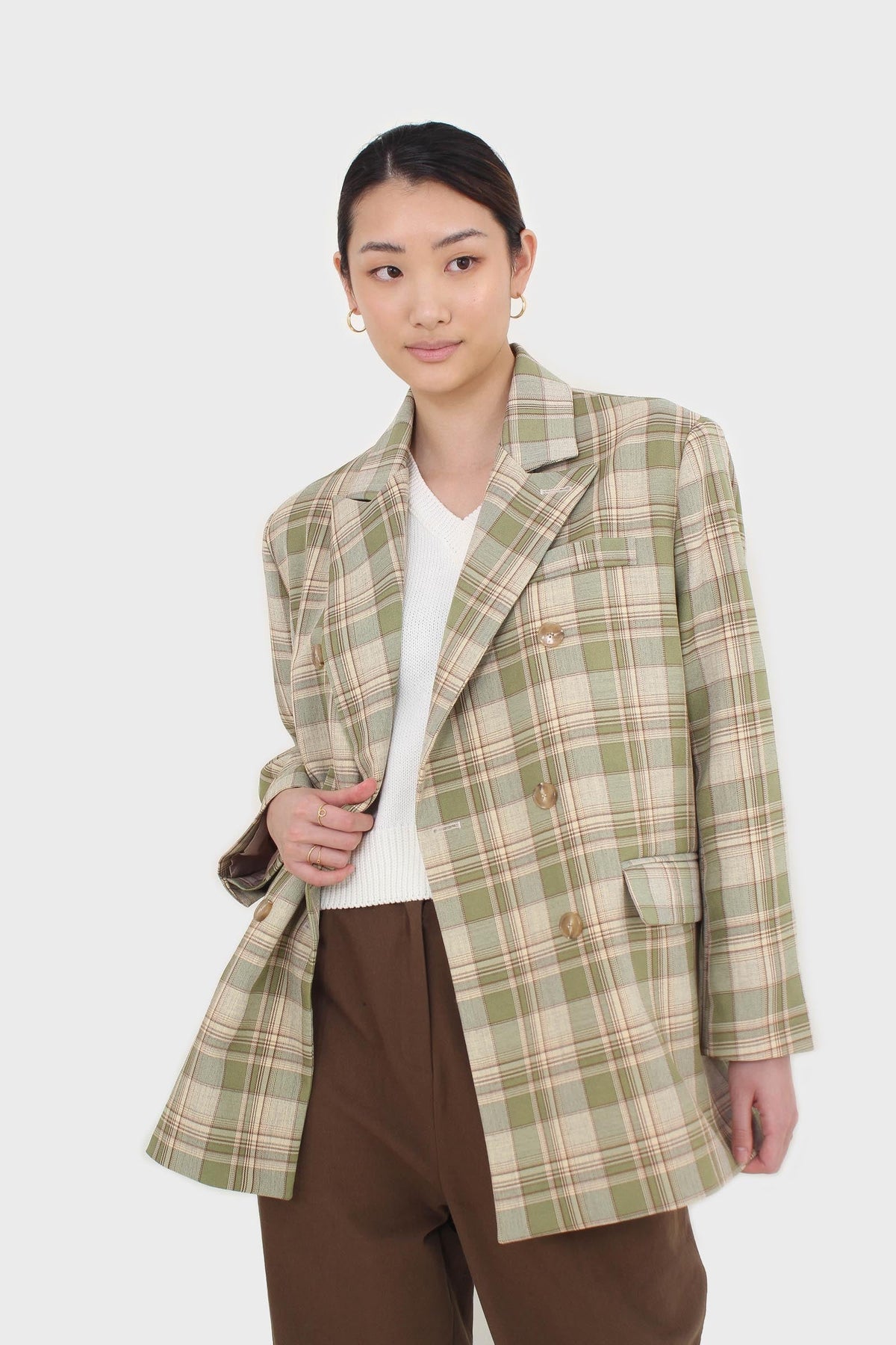 Green and yellow checked oversized blazer