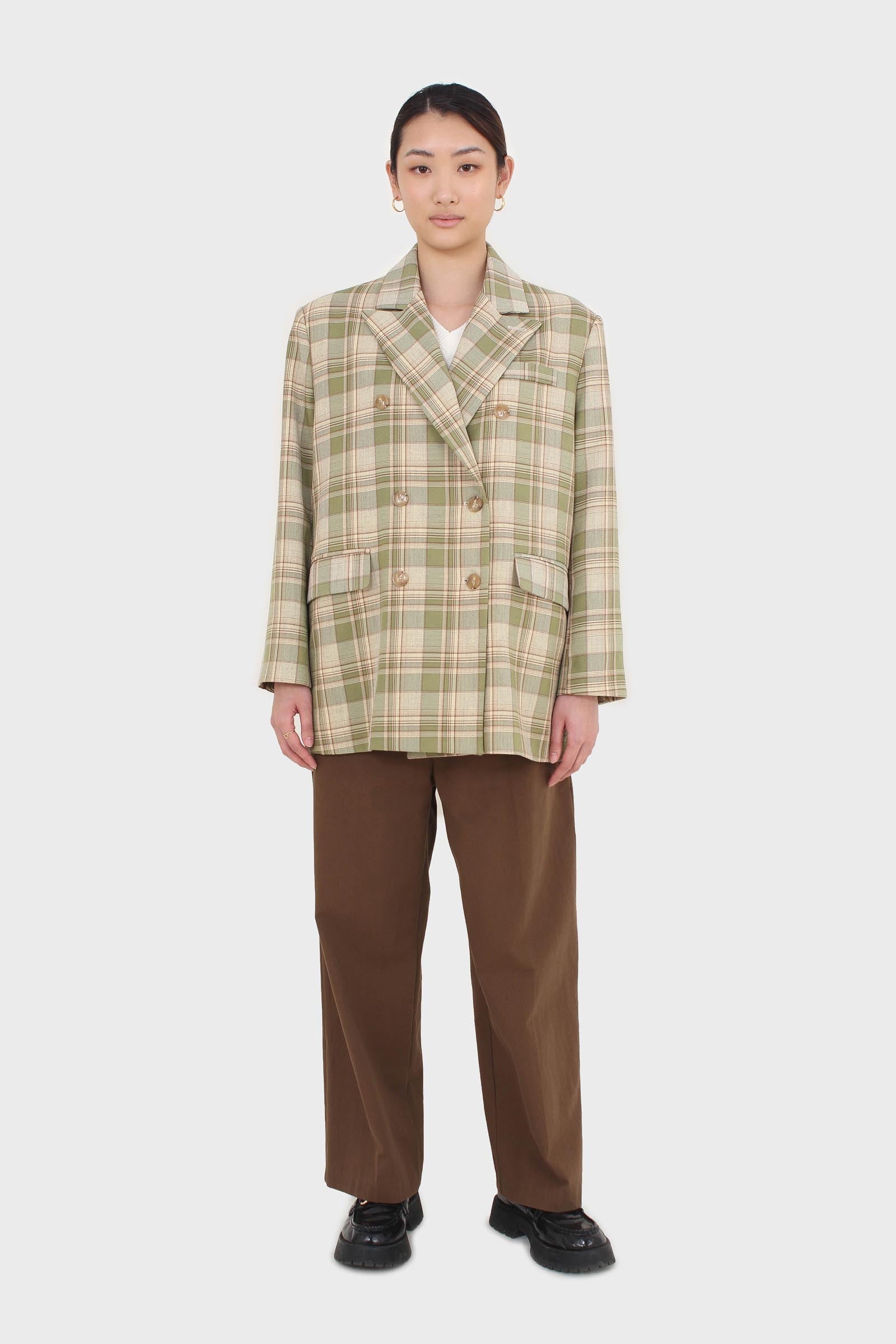 Green and yellow checked oversized blazer
