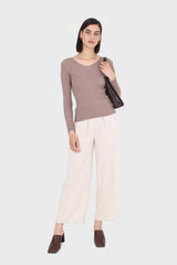 Cocoa V-neck ribbed long sleeved knit top