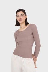 Cocoa V-neck ribbed long sleeved knit top