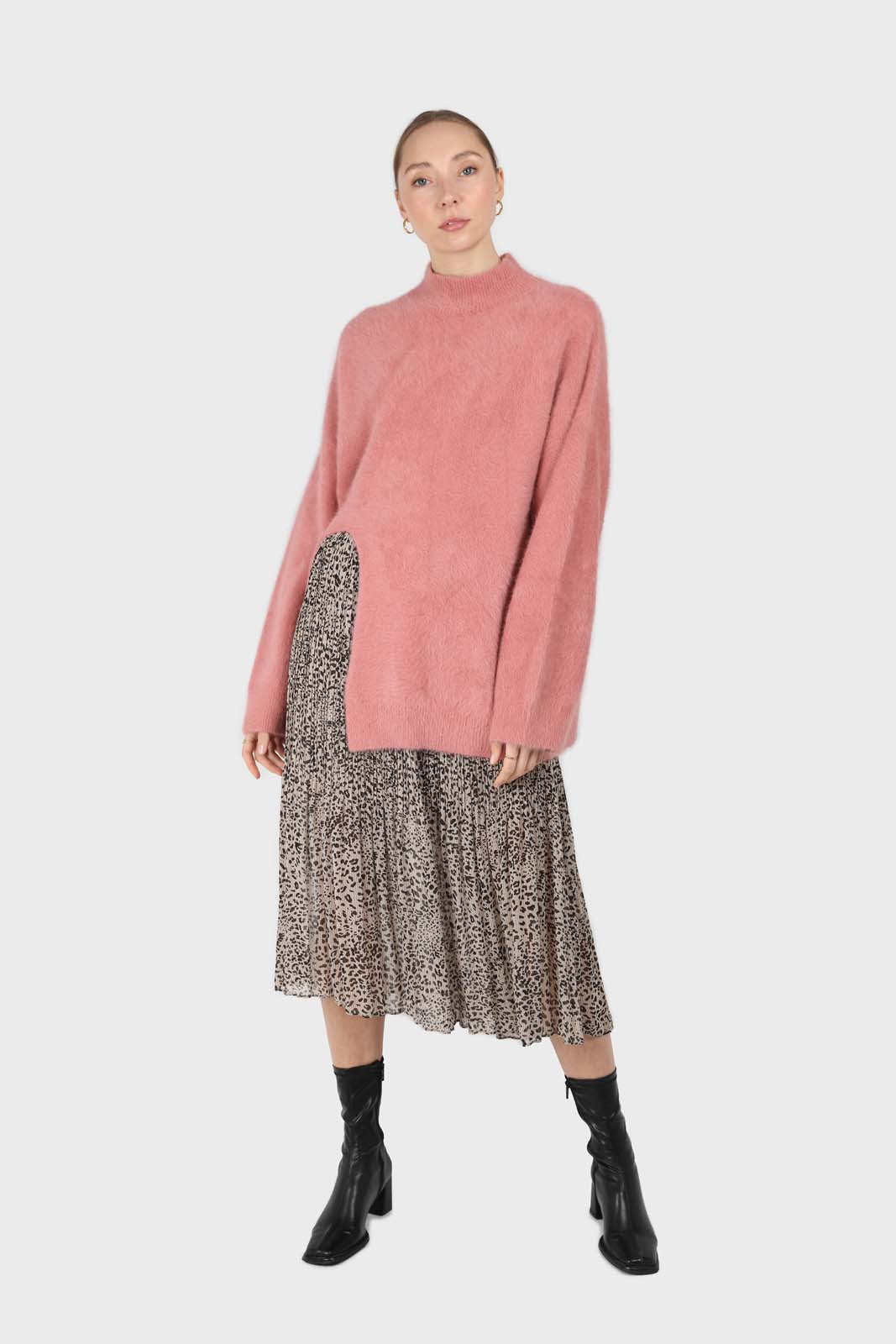Pink split front mock neck angora long jumper