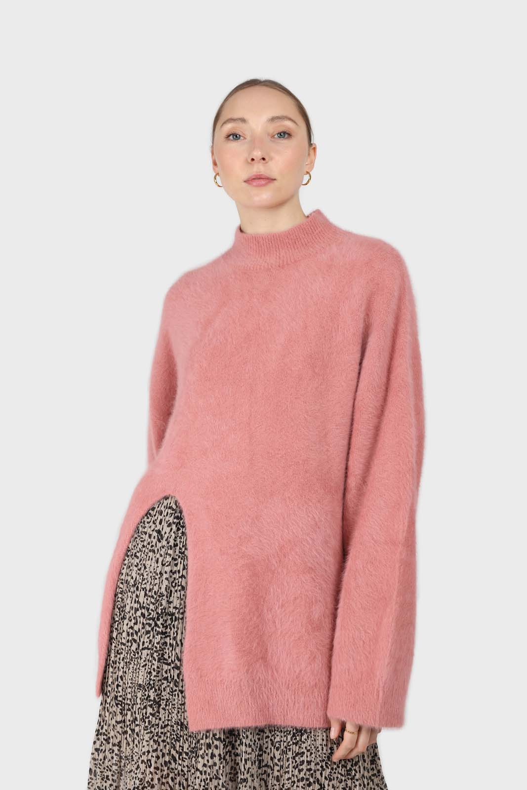 Pink split front mock neck angora long jumper