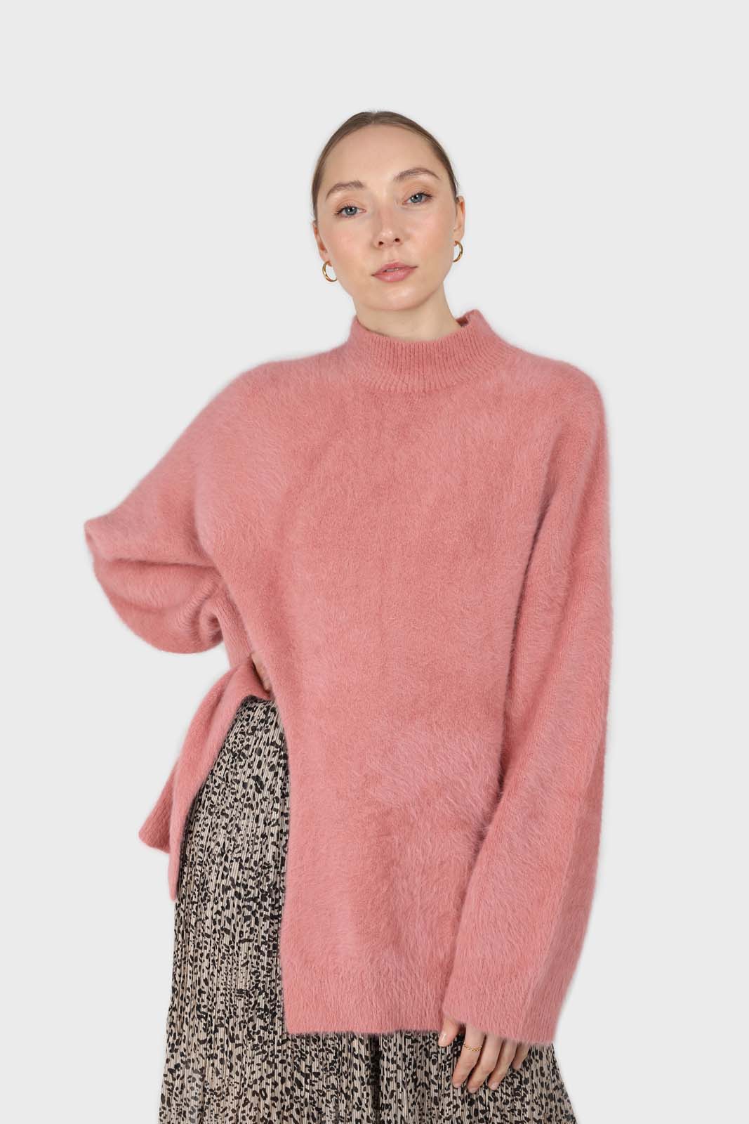 Pink split front mock neck angora long jumper