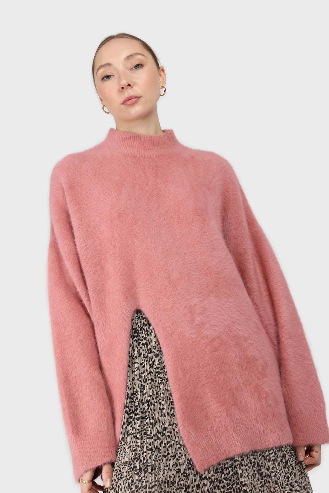 Pink split front mock neck angora long jumper