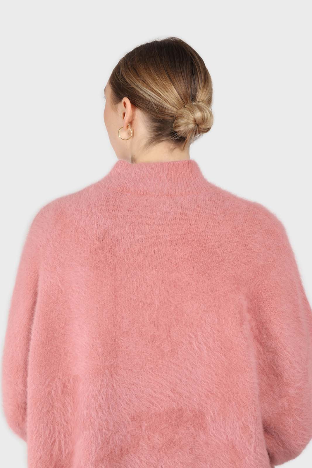 Pink split front mock neck angora long jumper
