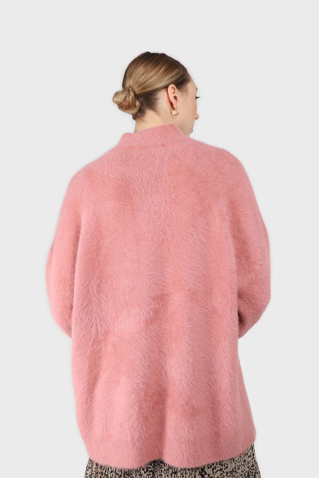 Pink split front mock neck angora long jumper