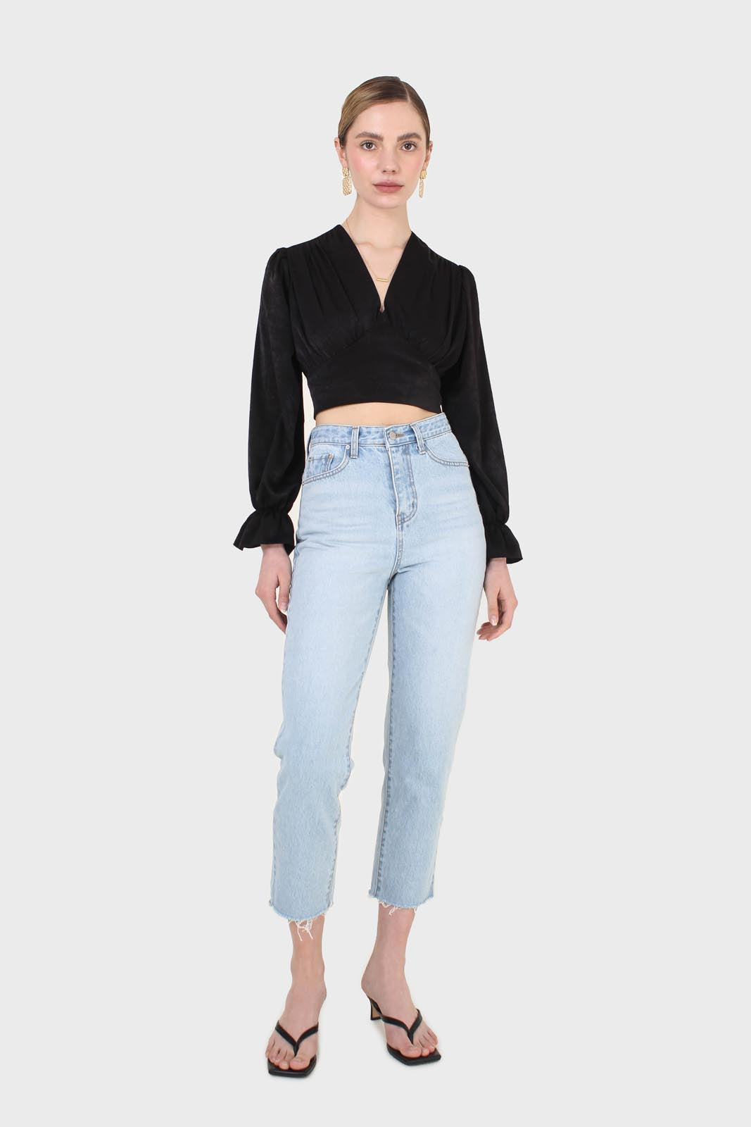 Black deep V tie back cropped long sleeve blouse