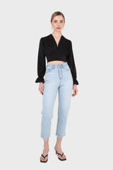 Black deep V tie back cropped long sleeve blouse