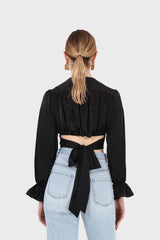 Black deep V tie back cropped long sleeve blouse