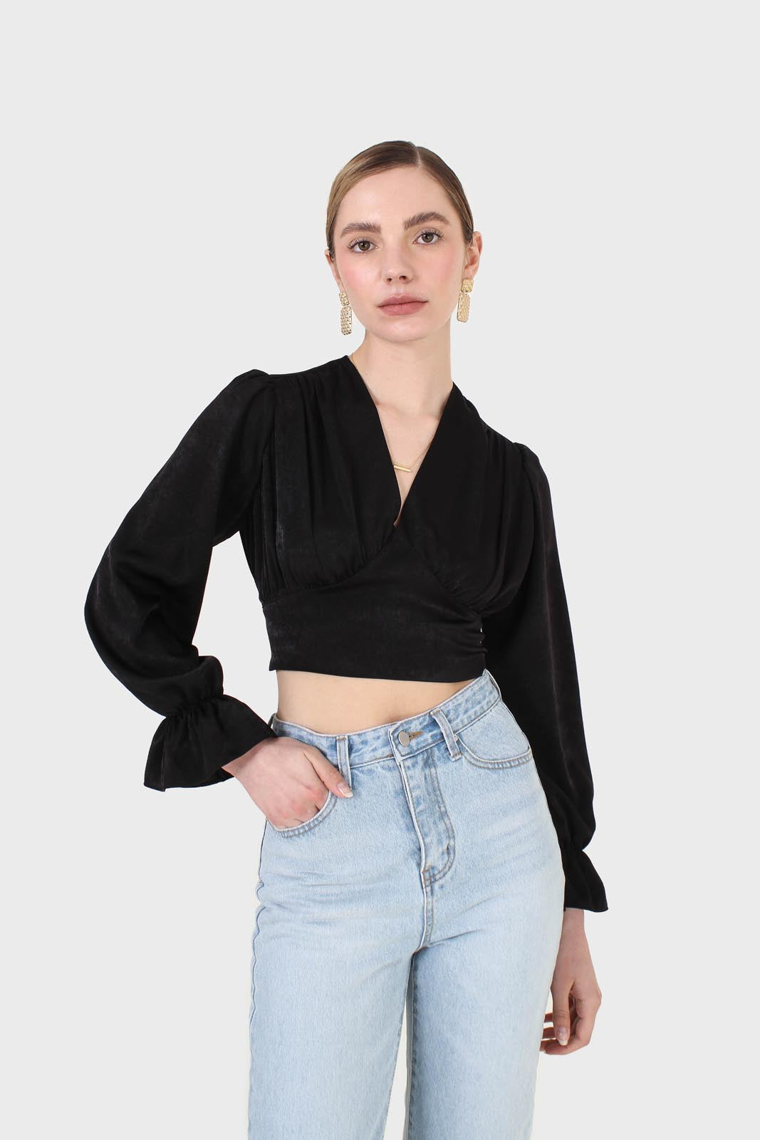 Black deep V tie back cropped long sleeve blouse