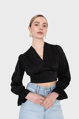 Black deep V tie back cropped long sleeve blouse