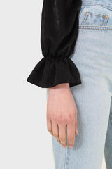 Black deep V tie back cropped long sleeve blouse