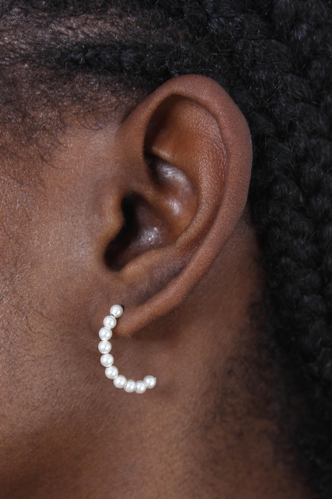 Silver pearl half hoop earrings