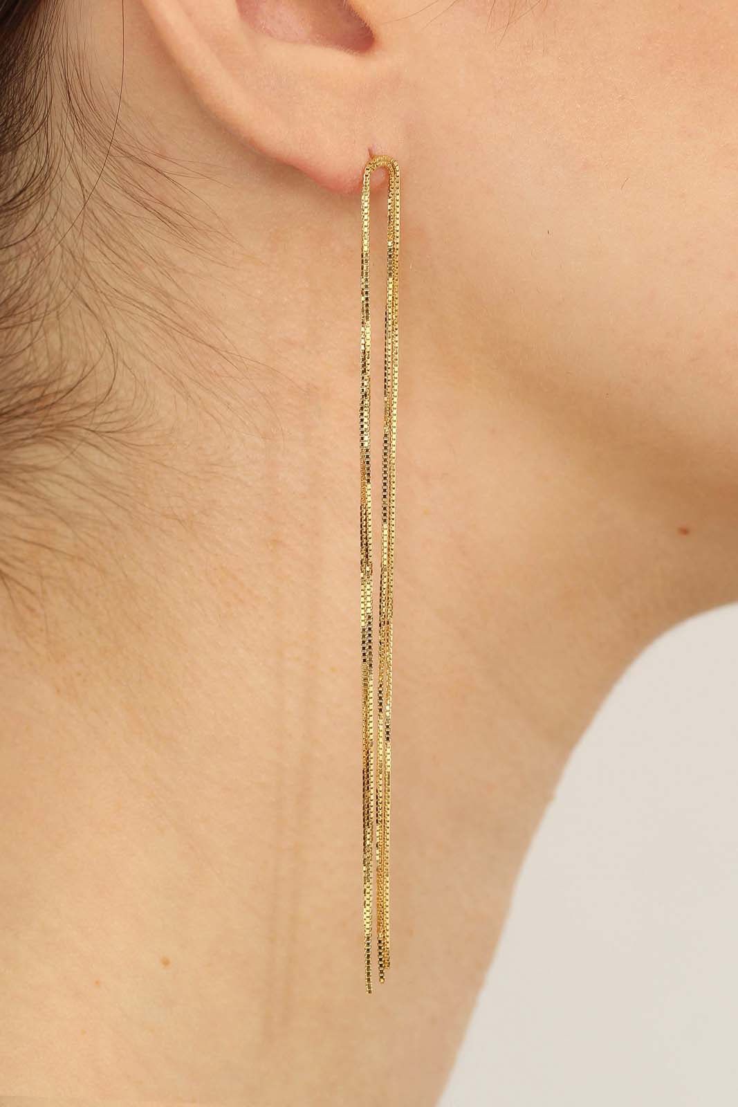 Gold multi strand long drop earrings