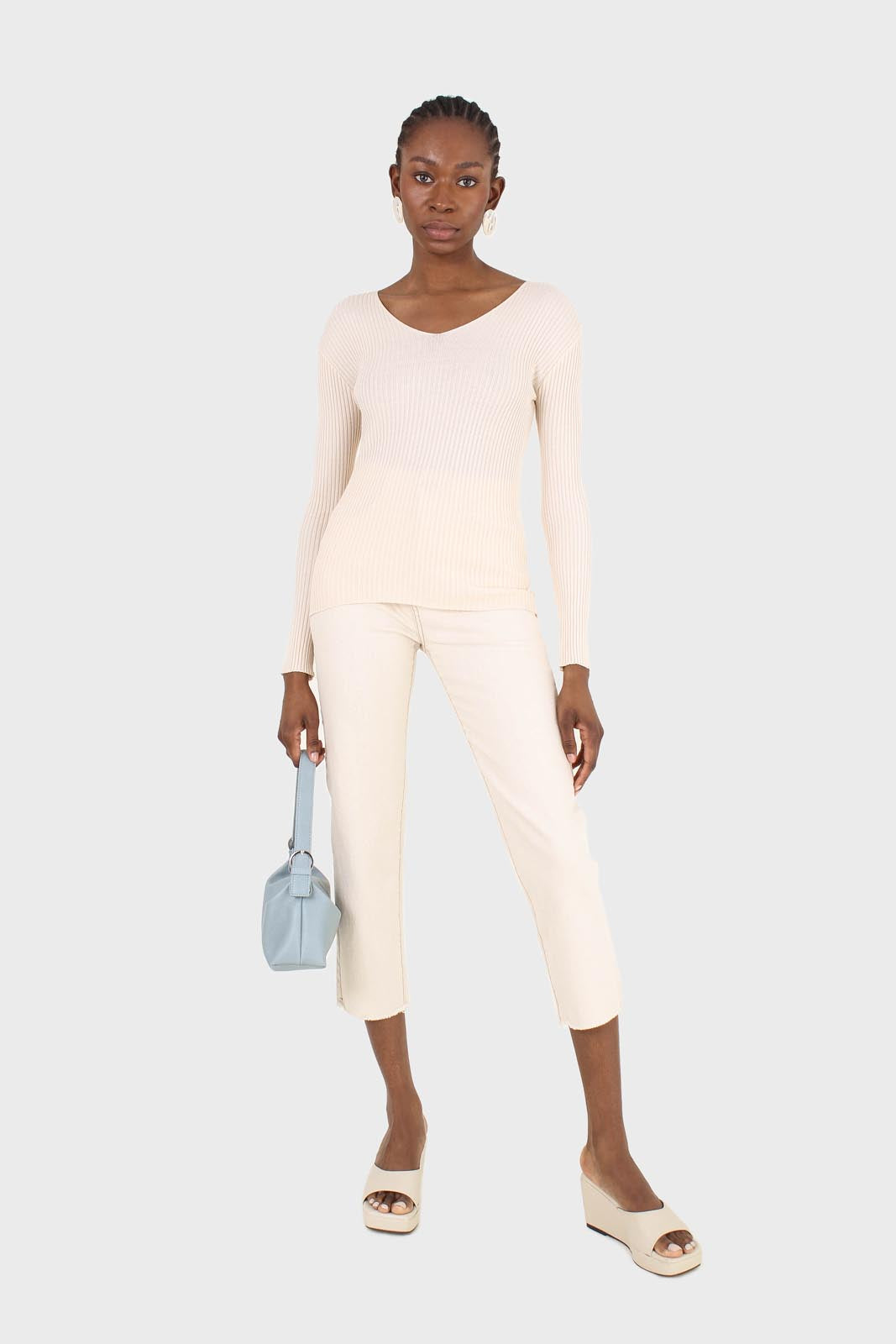 Cream V-neck ribbed long sleeved knit top