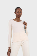 Cream V-neck ribbed long sleeved knit top