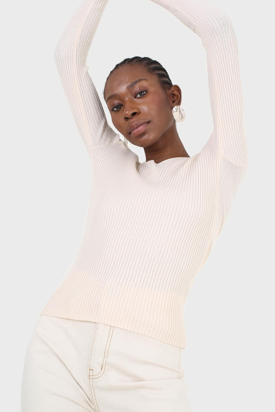 Cream V-neck ribbed long sleeved knit top
