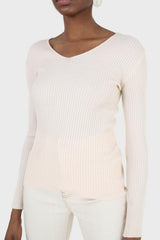 Cream V-neck ribbed long sleeved knit top