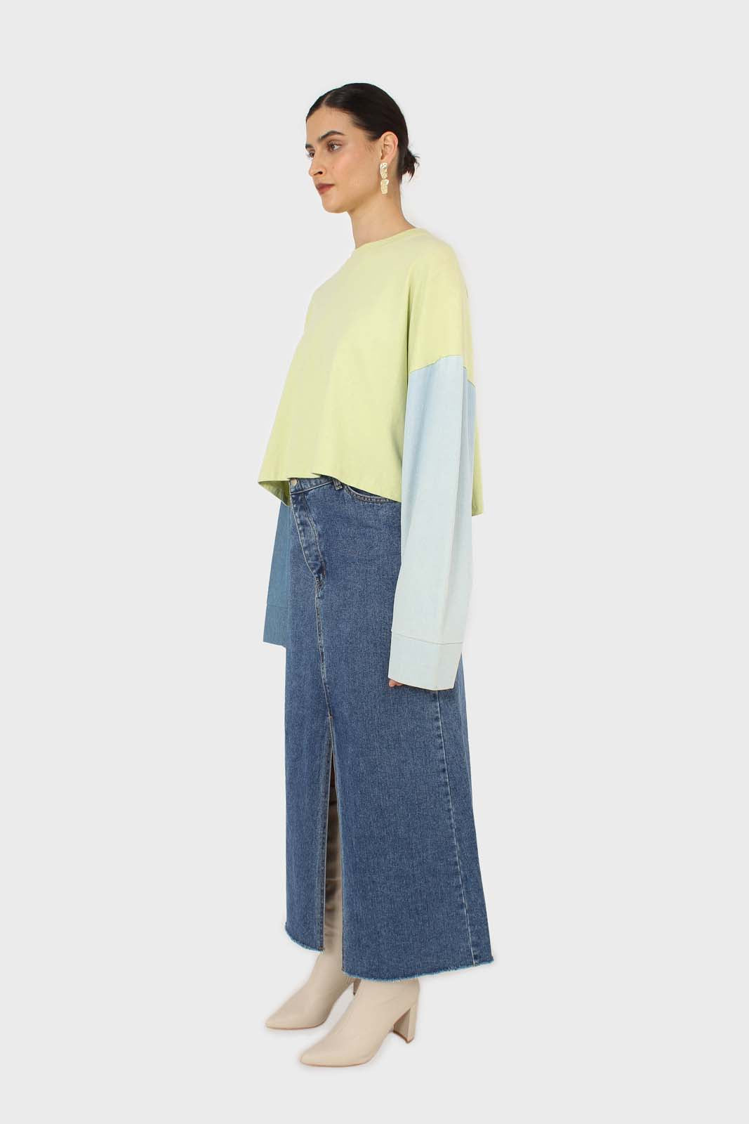Lime denim colour block sleeve cropped top
