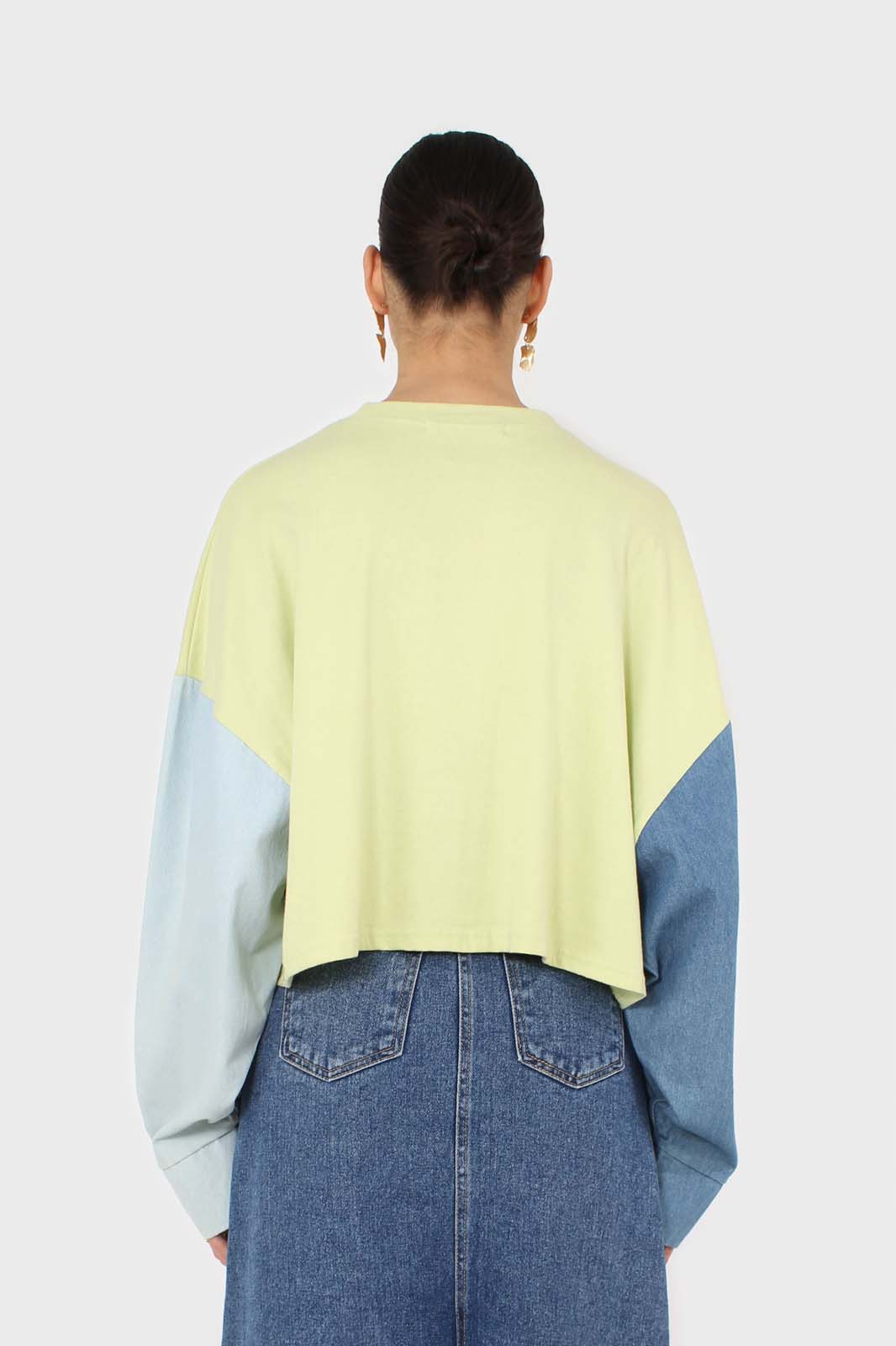 Lime denim colour block sleeve cropped top