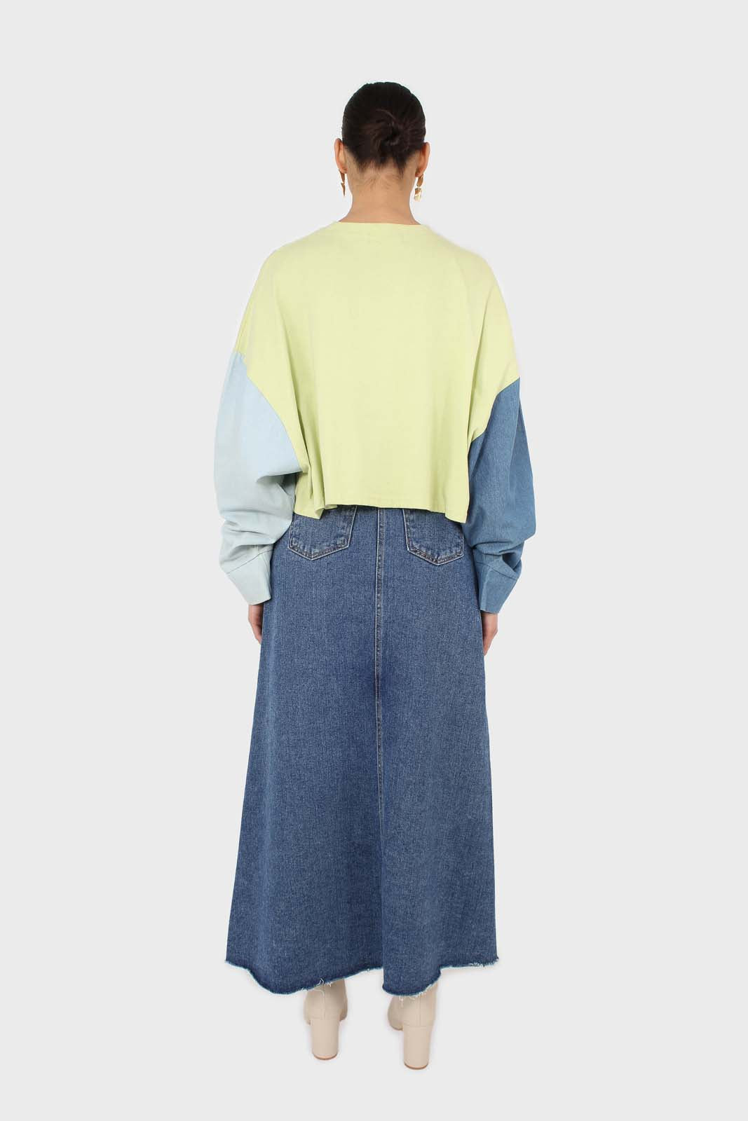 Lime denim colour block sleeve cropped top