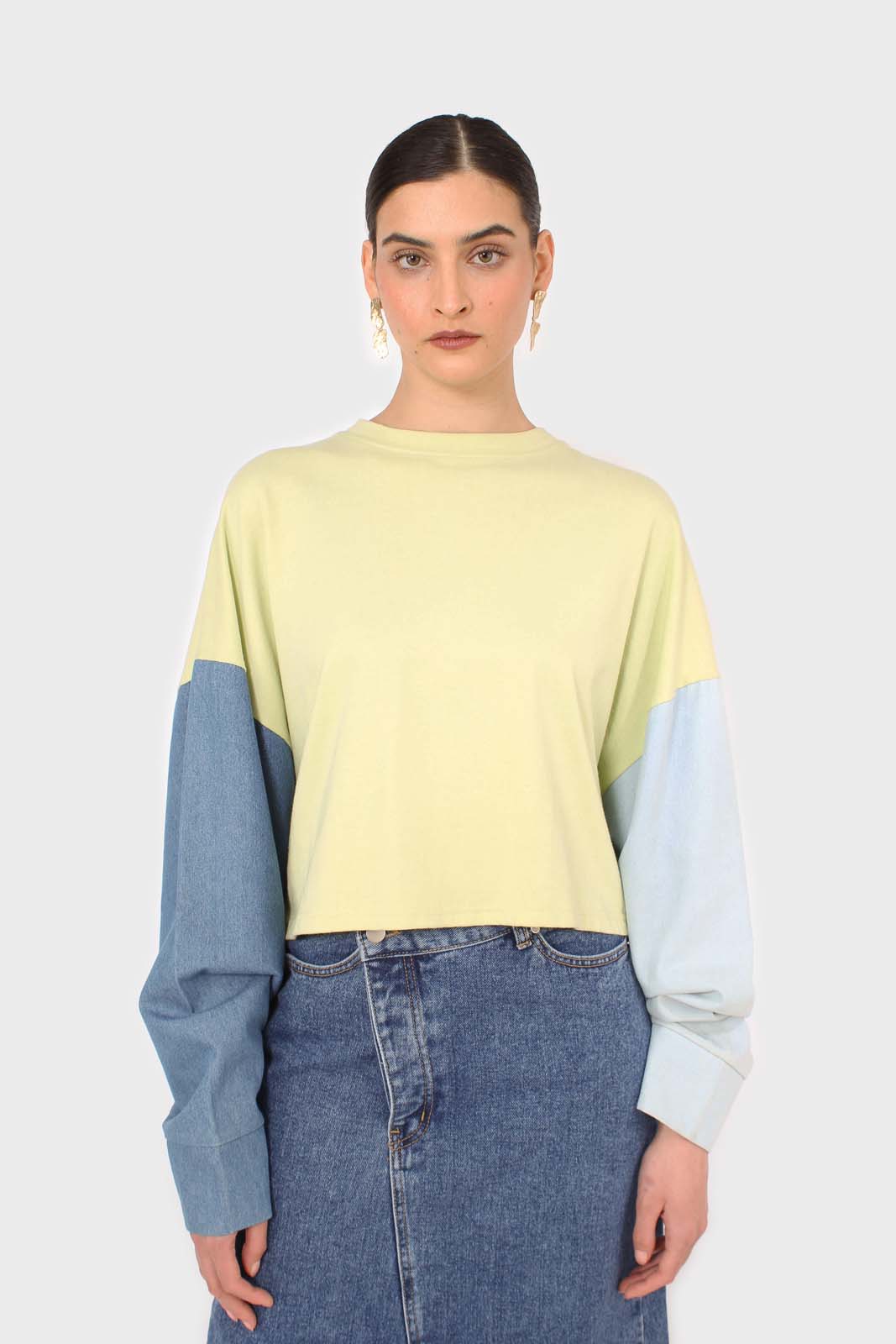Lime denim colour block sleeve cropped top