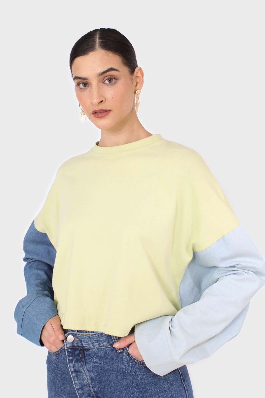Lime denim colour block sleeve cropped top