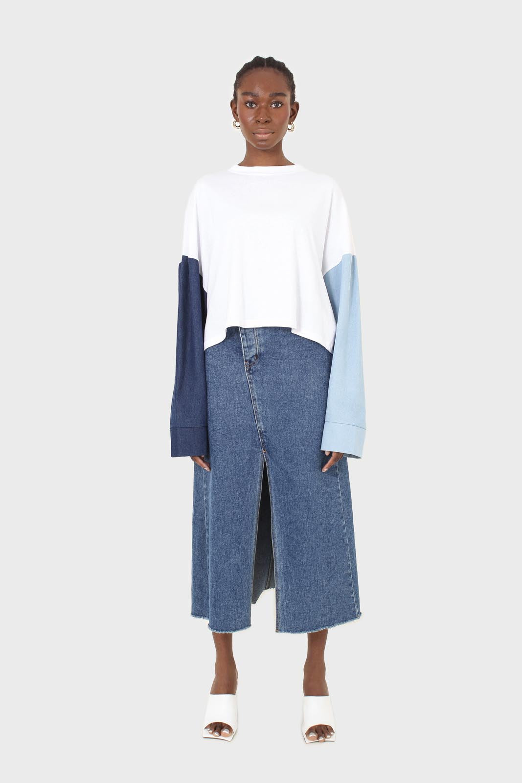 White denim colour block sleeve cropped top
