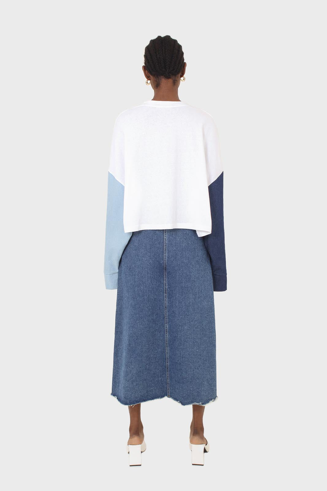 White denim colour block sleeve cropped top