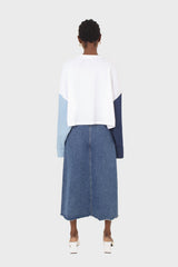 White denim colour block sleeve cropped top