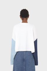 White denim colour block sleeve cropped top