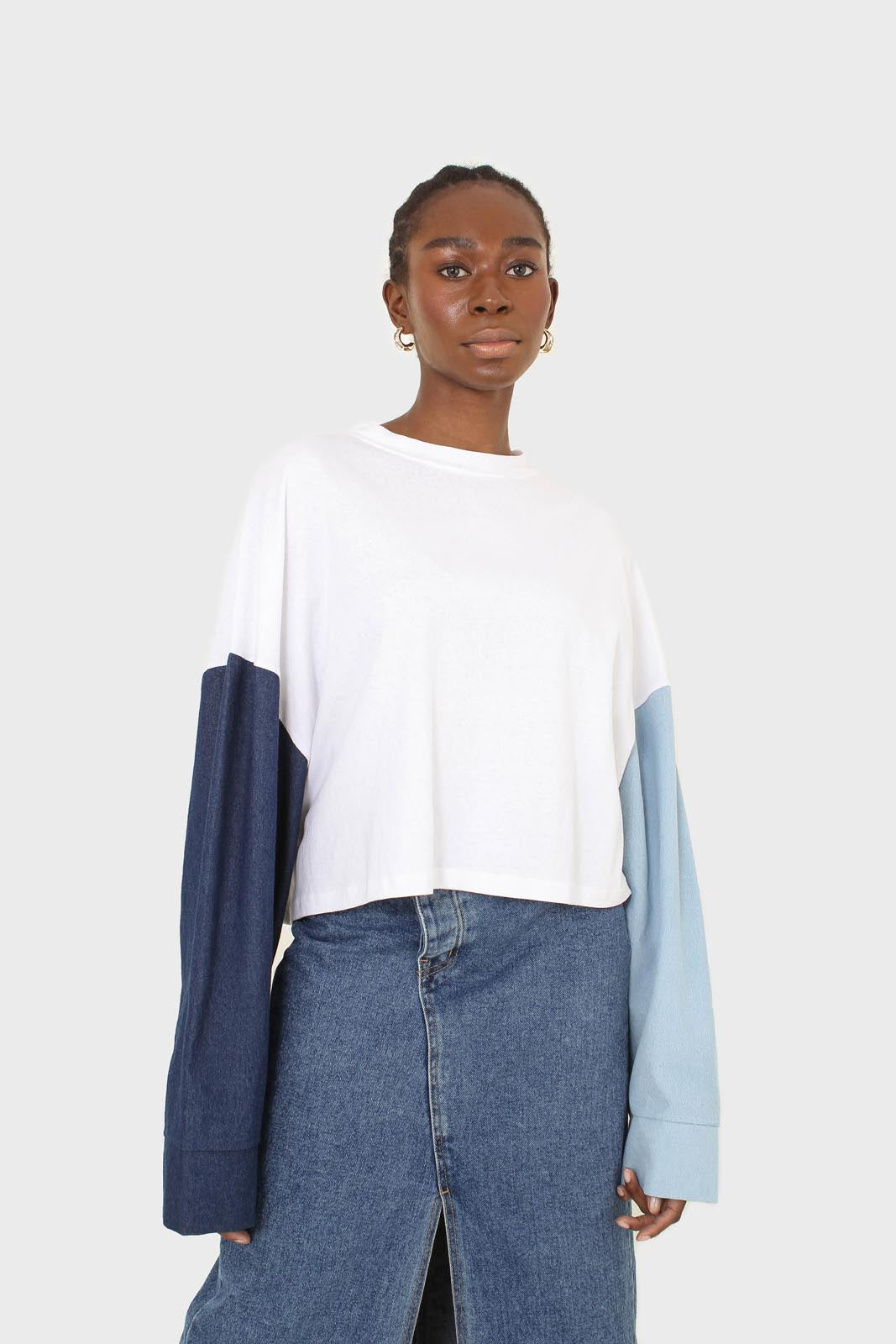 White denim colour block sleeve cropped top