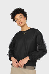 Black organza trim long sleeve sweatshirt