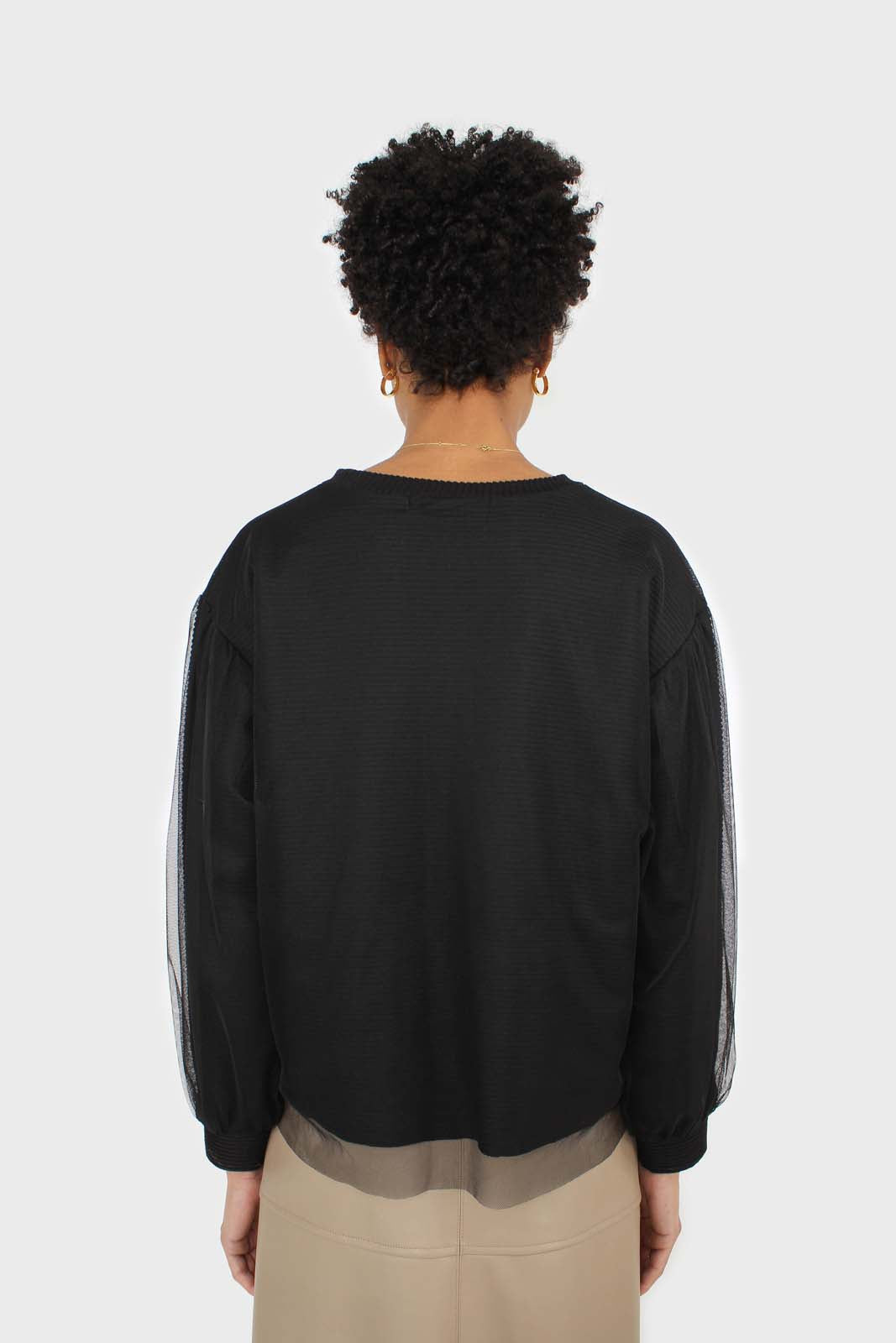 Black organza trim long sleeve sweatshirt