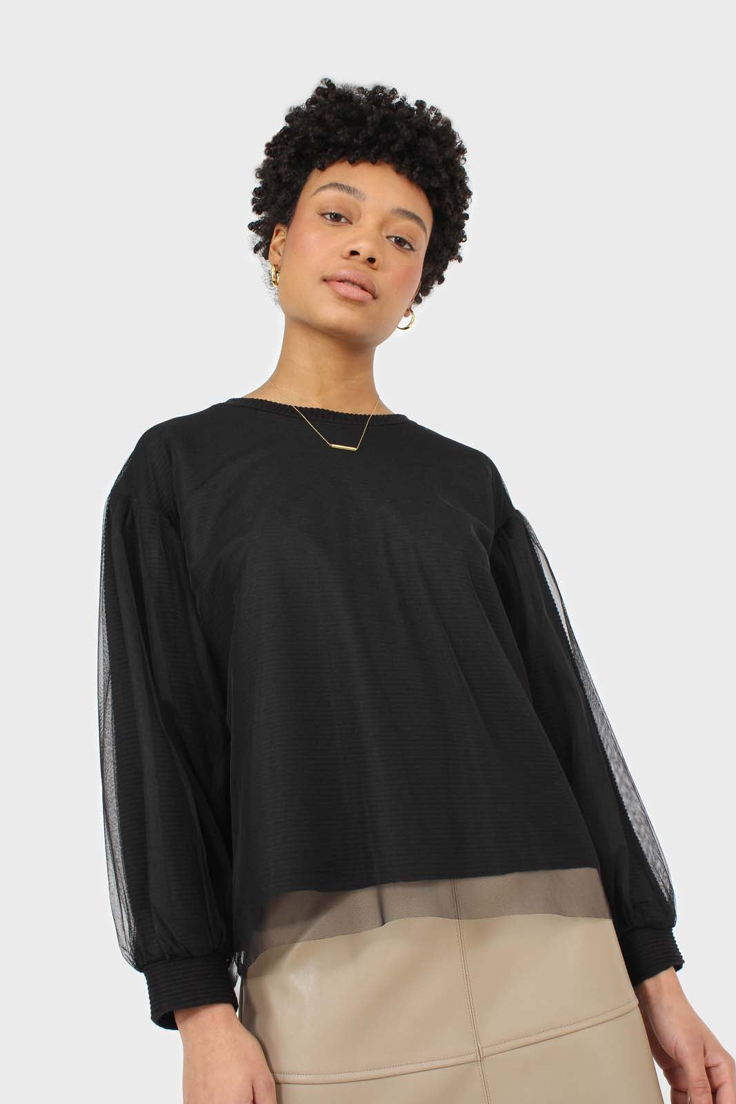 Black organza trim long sleeve sweatshirt