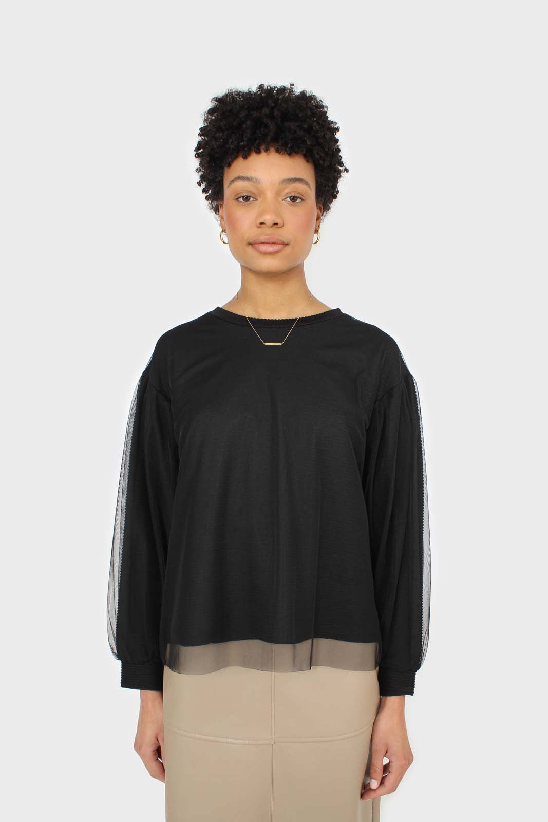 Black organza trim long sleeve sweatshirt