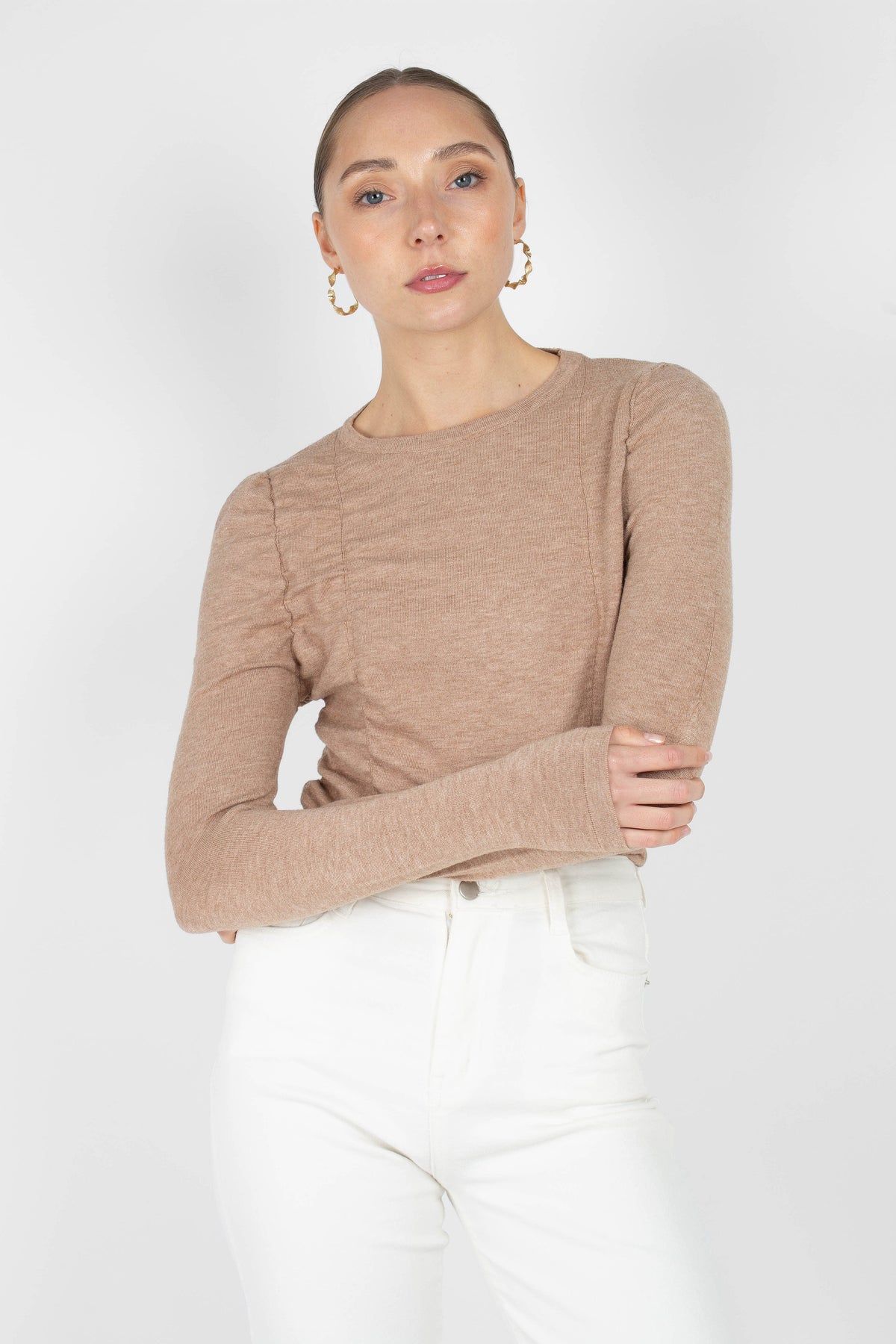 Beige shirring jersey long sleeved top