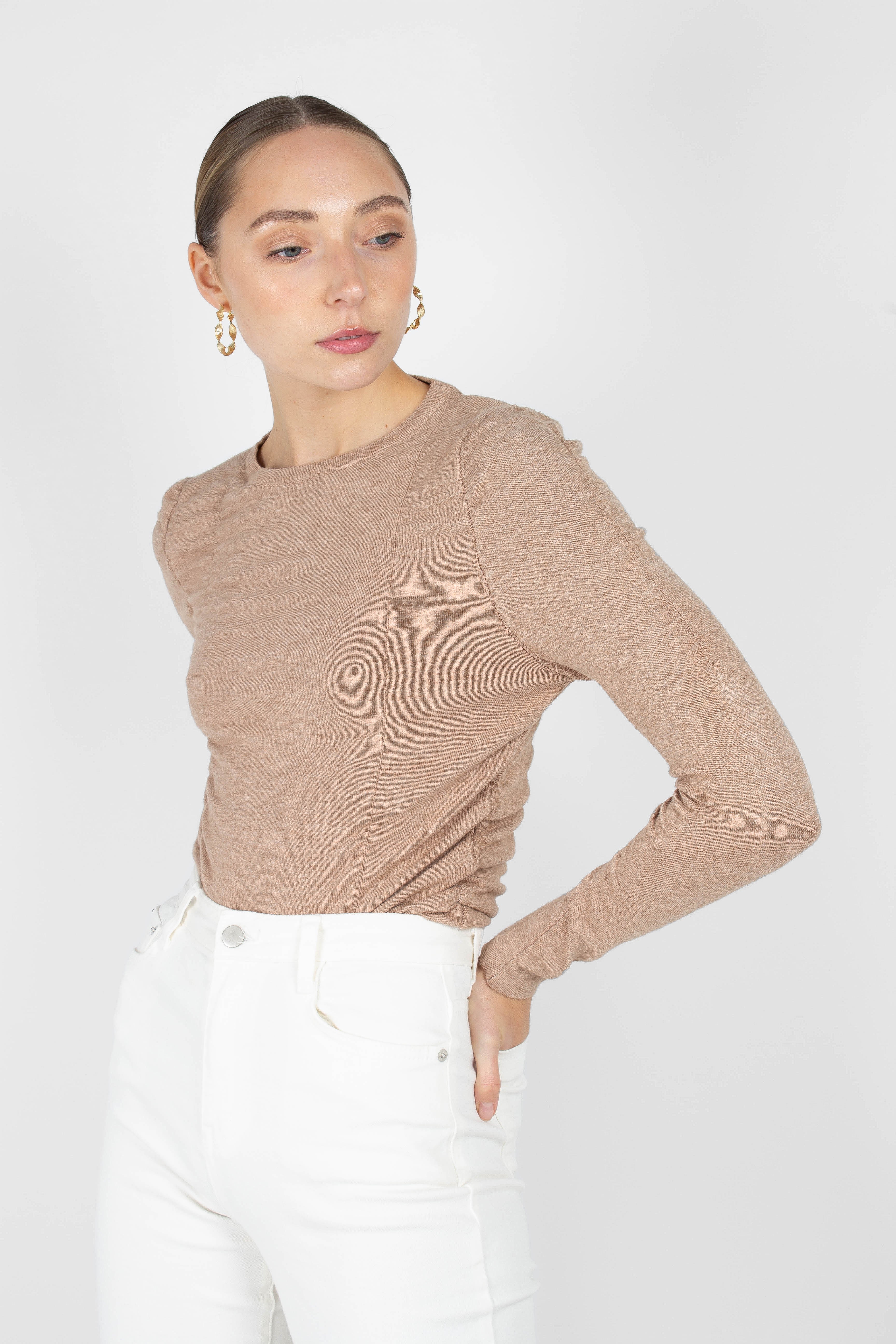 Beige shirring jersey long sleeved top