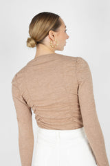 Beige shirring jersey long sleeved top